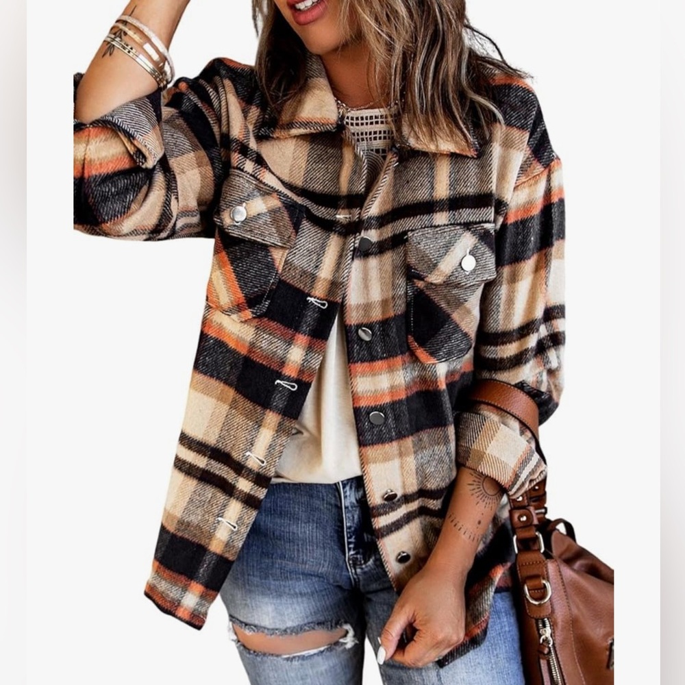 KevaMolly Plaid Flannel Boyfriend Button Down Shirt Jacket